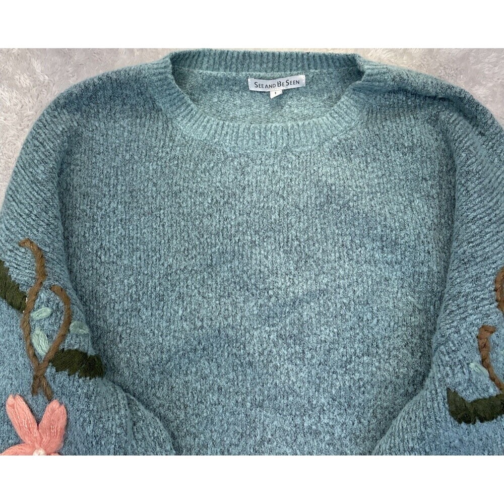 See And Be Seen Green Embroidered Floral Sweater Women's L Ruffle Cuff Pullover - Picture 2 of 7